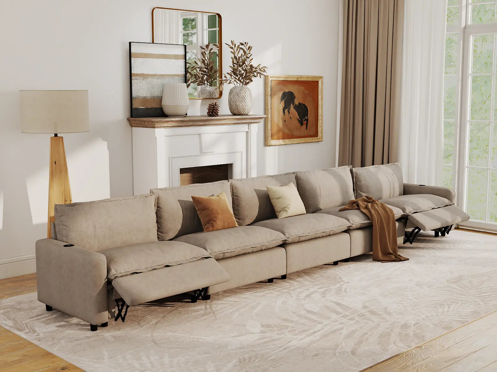 Modular Cero Large Reclining Sectional Couch | 5-Piece Khaki Linen Home Living Couch Sectionals 5-Seater