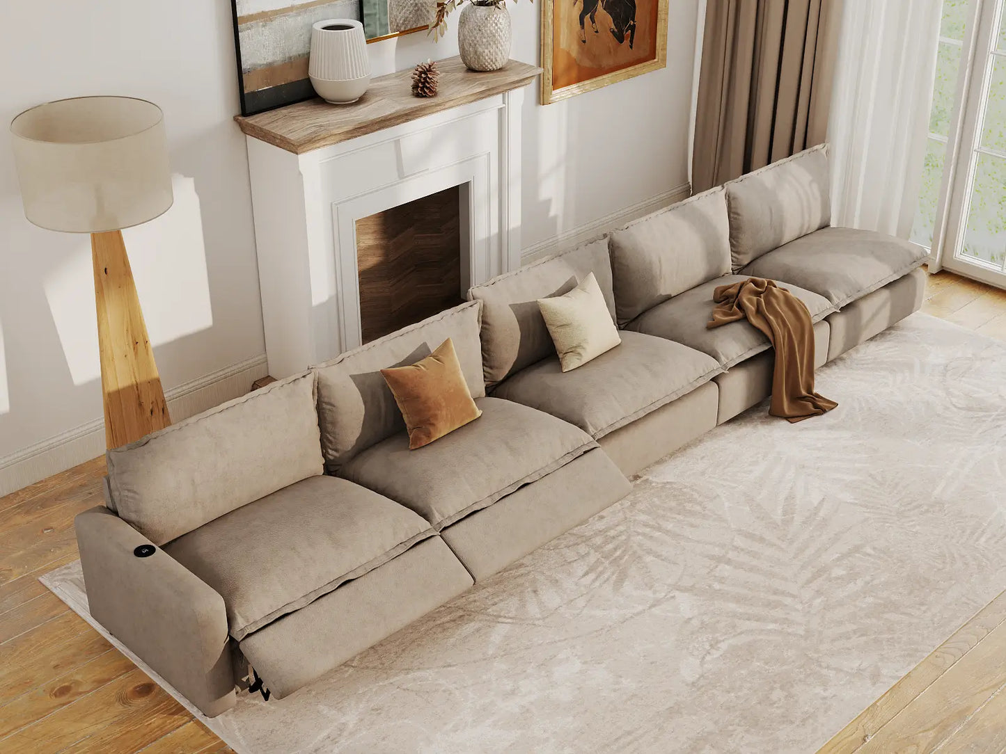 Modular Cero Reclining Sectionals | 5-Piece Khaki Linen Home Living Couch Sectionals 5-Seater
