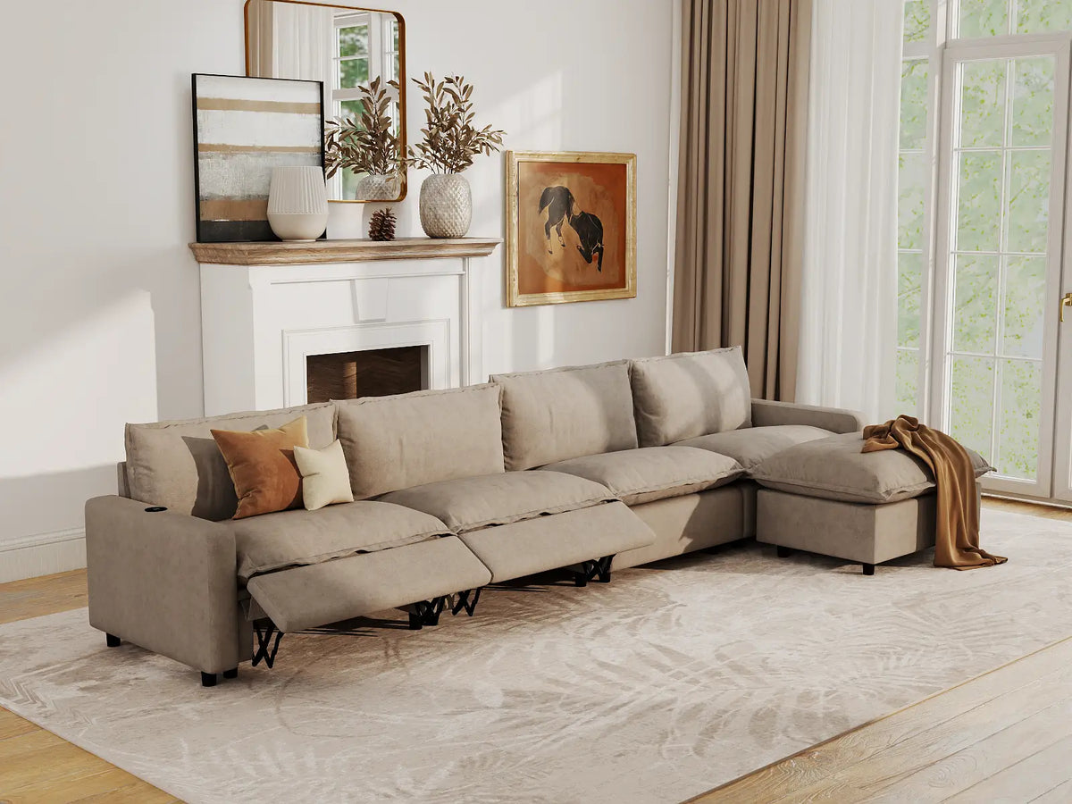 Modular Cero Reclining Sectionals | 5-Piece Khaki Linen Home Living L-Shaped Sectionals 4-Seater with 1-Ottoman