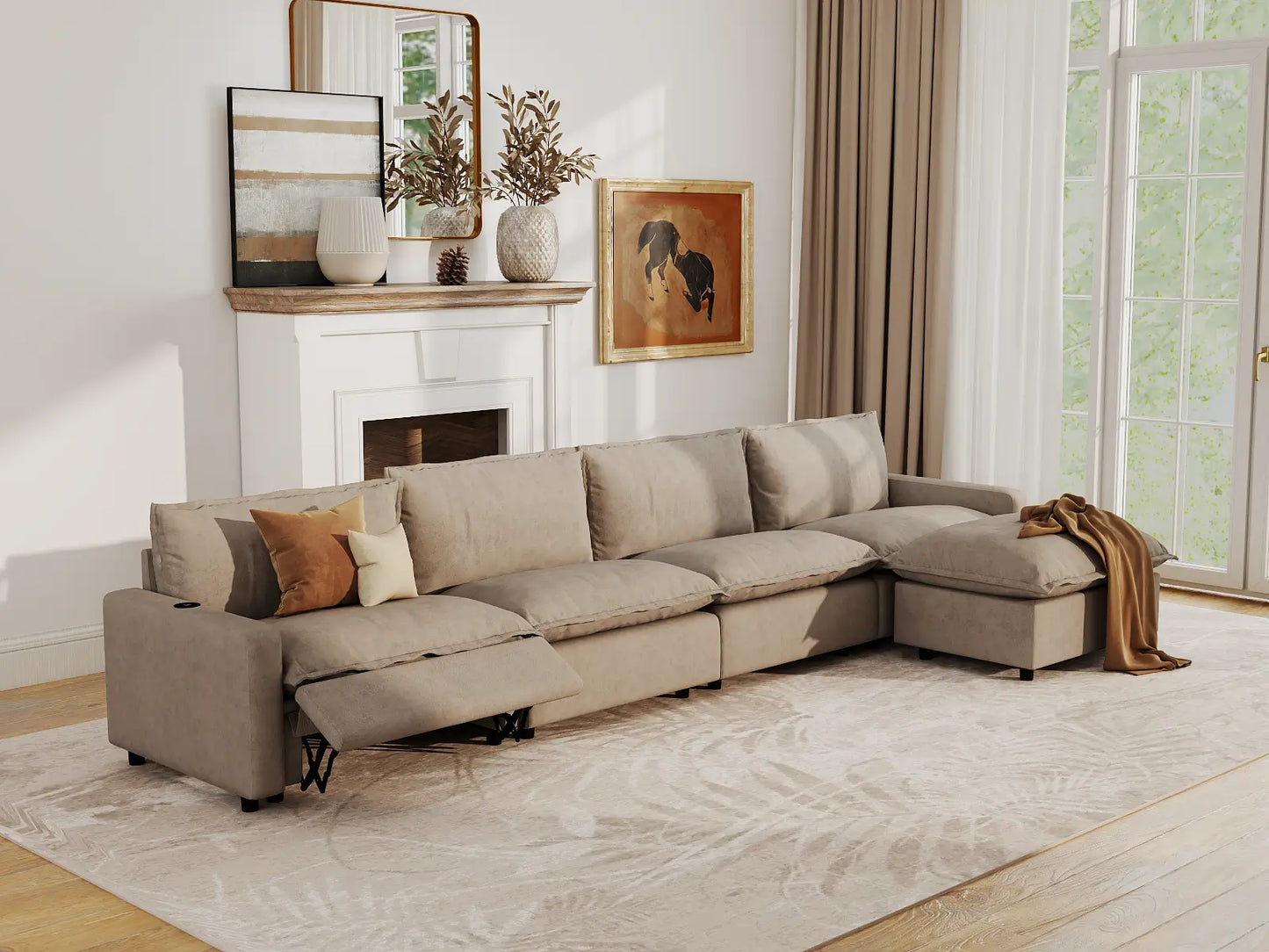 Modular Cero Reclining Sectionals | 5-Piece Khaki Linen Home Living L-Shaped Sectionals 4-Seater with 1-Ottoman