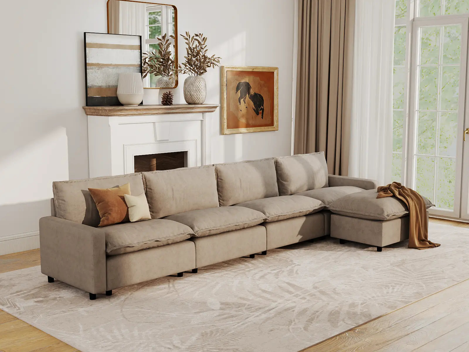 Modular Cero Modular Sectional with Ottoman | 5-Piece Khaki Linen Home Living L-Shaped Sectionals 4-Seater with 1-Ottoman