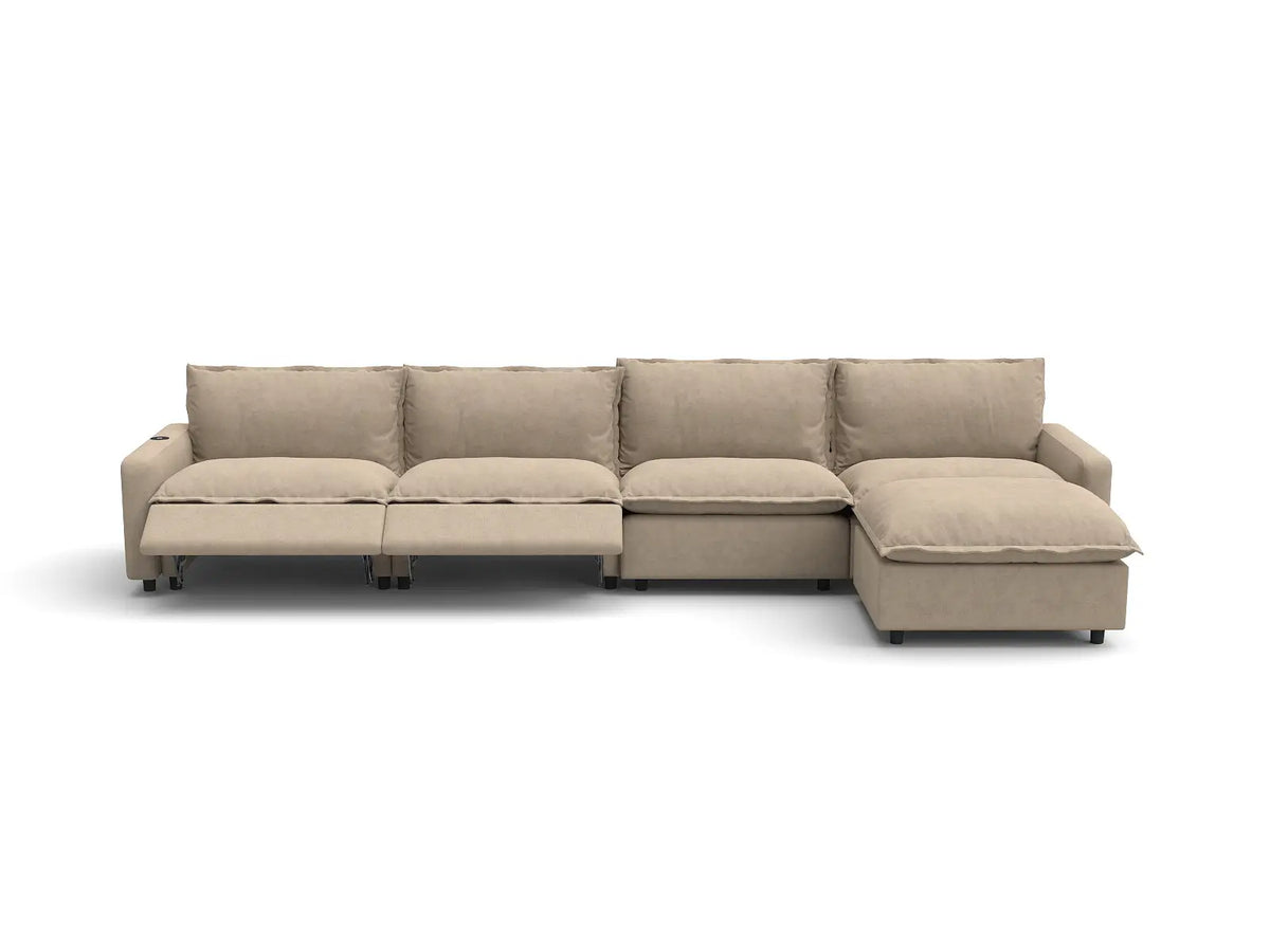 Modular Cero Reclining Sectionals | 5-Piece Khaki Linen Home Living L-Shaped Sectionals 4-Seater with 1-Ottoman