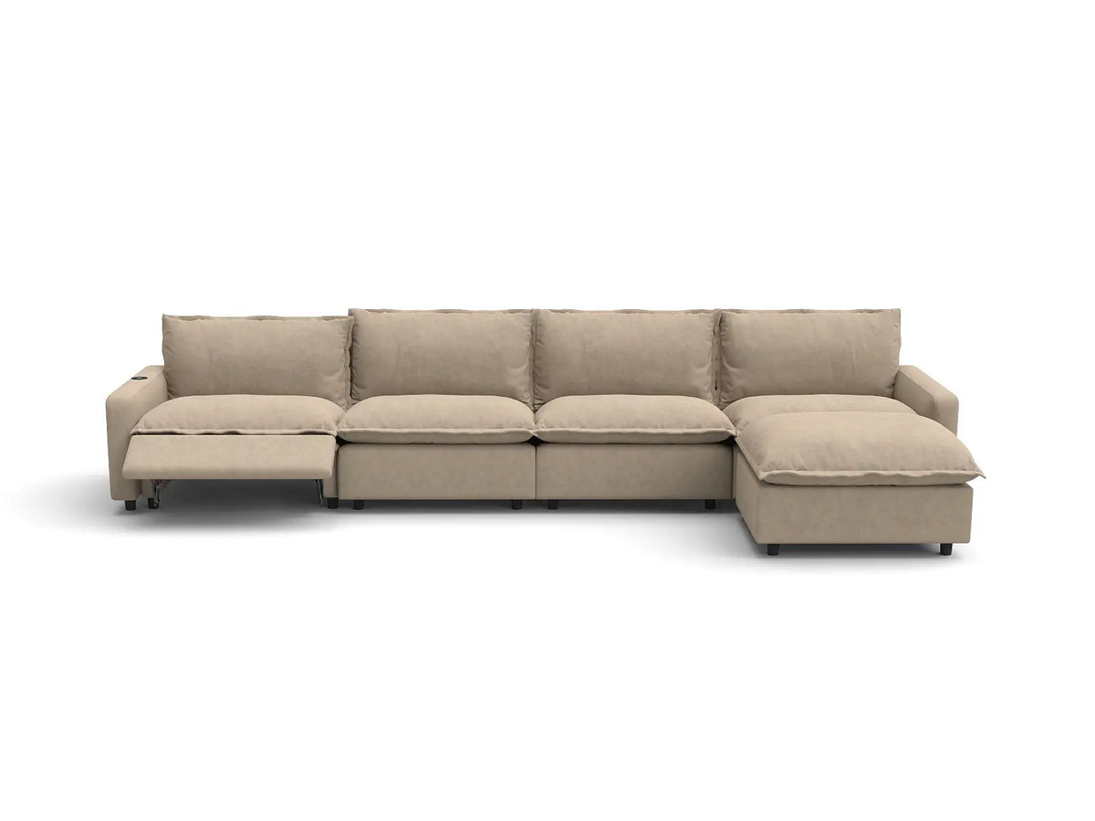 Modular Cero Reclining Sectionals | 5-Piece Khaki Linen Home Living L-Shaped Sectionals 4-Seater with 1-Ottoman