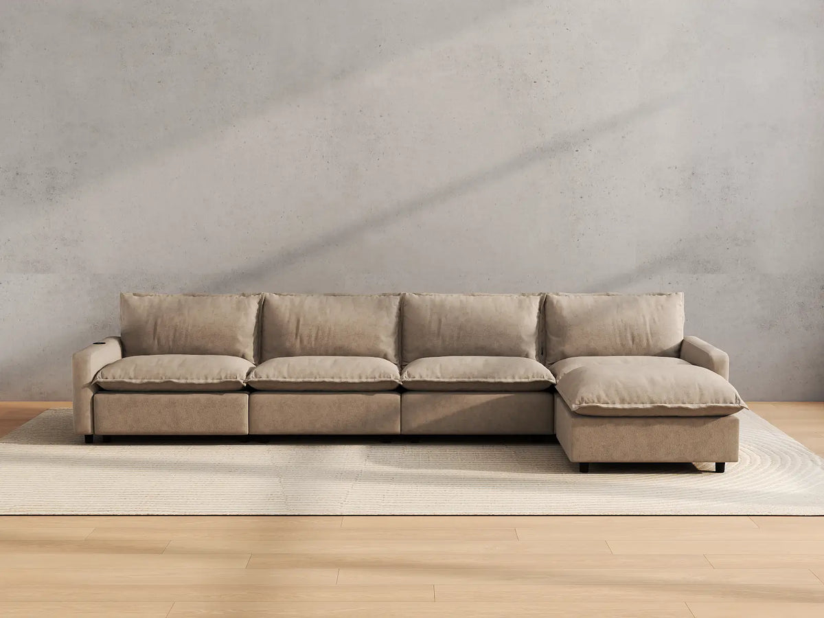 Modular Cero Reclining Sectionals | 5-Piece Khaki Linen Home Living L-Shaped Sectionals 4-Seater with 1-Ottoman