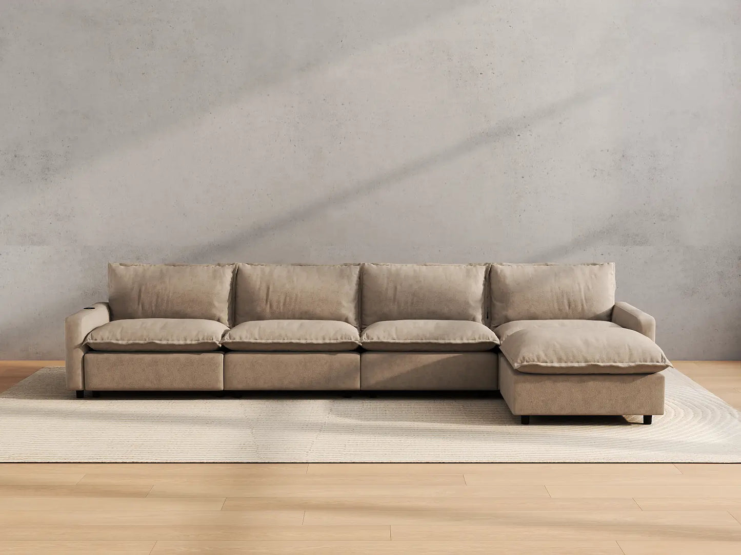 Modular Cero Reclining Sectionals | 5-Piece Khaki Linen Home Living L-Shaped Sectionals 4-Seater with 1-Ottoman