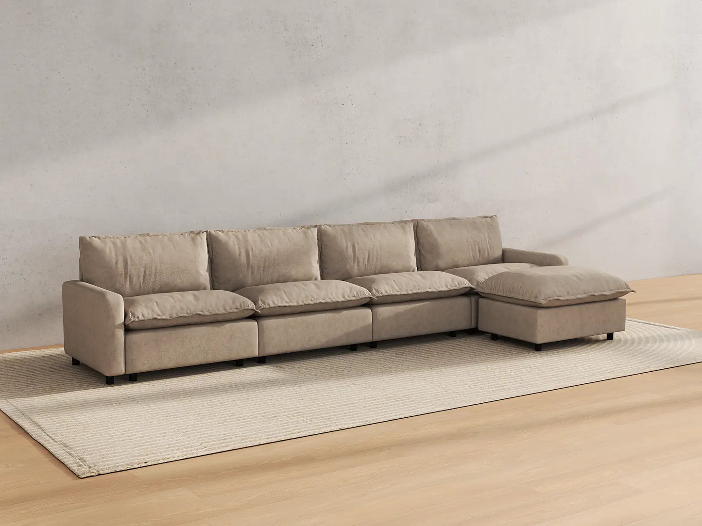Modular Cero Modular Sectional with Ottoman | 5-Piece Khaki Linen Home Living L-Shaped Sectionals 4-Seater with 1-Ottoman
