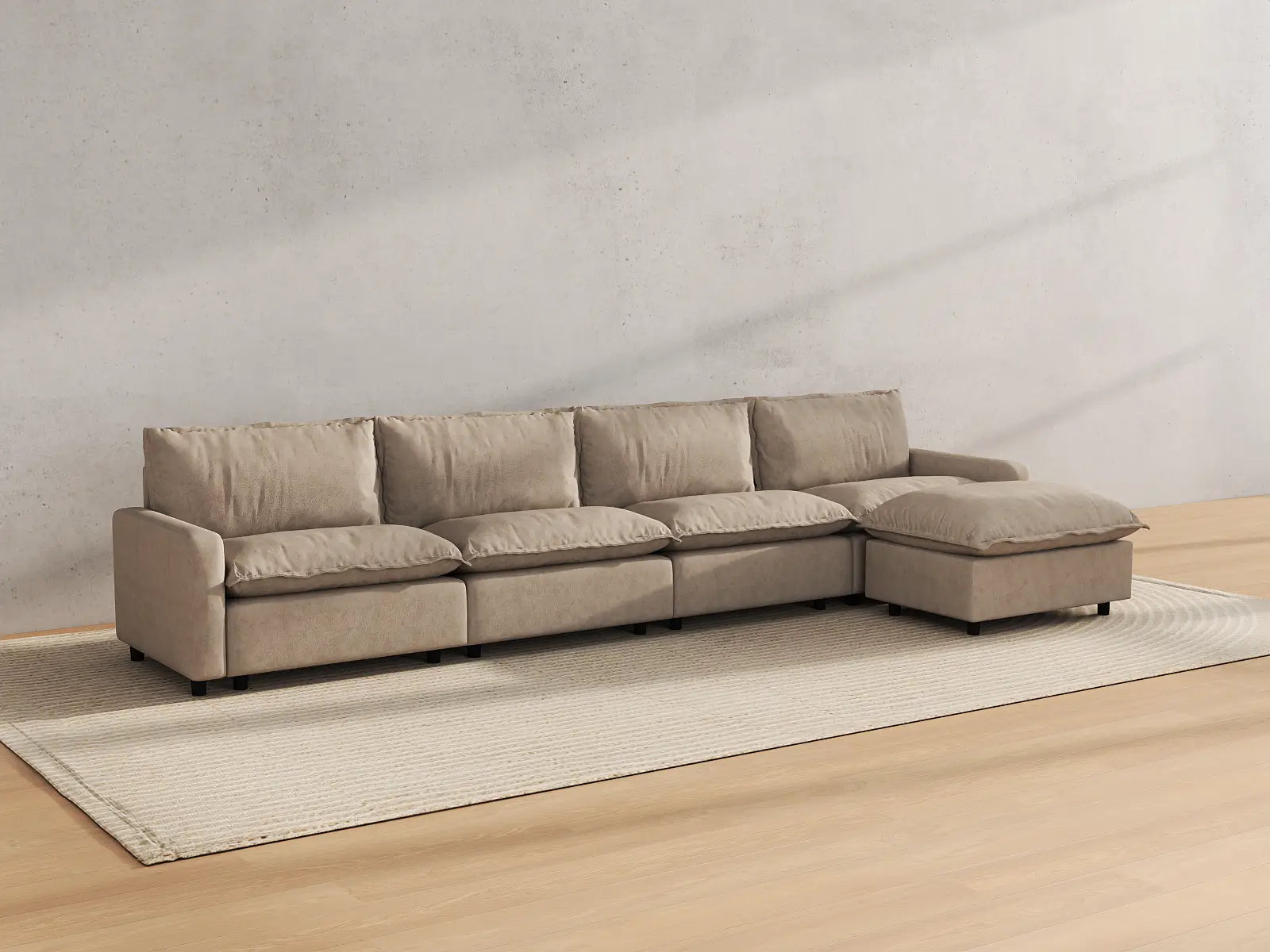 Modular Cero Modular Sectional with Ottoman | 5-Piece Khaki Linen Home Living L-Shaped Sectionals 4-Seater with 1-Ottoman