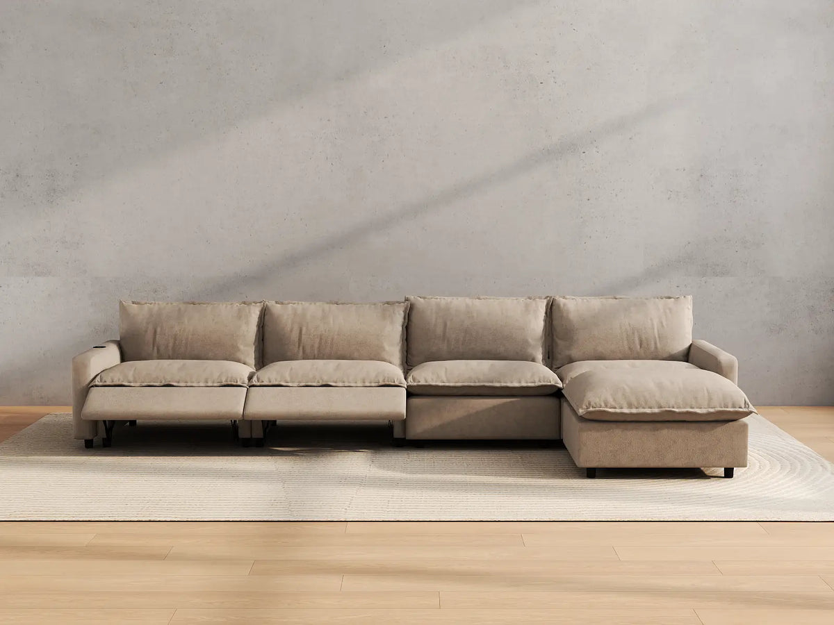 Modular Cero Reclining Sectionals | 5-Piece Khaki Linen Home Living L-Shaped Sectionals 4-Seater with 1-Ottoman