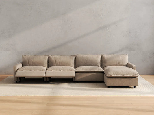 Modular Cero Reclining Sectionals | 5-Piece Khaki Linen Home Living L-Shaped Sectionals 4-Seater with 1-Ottoman