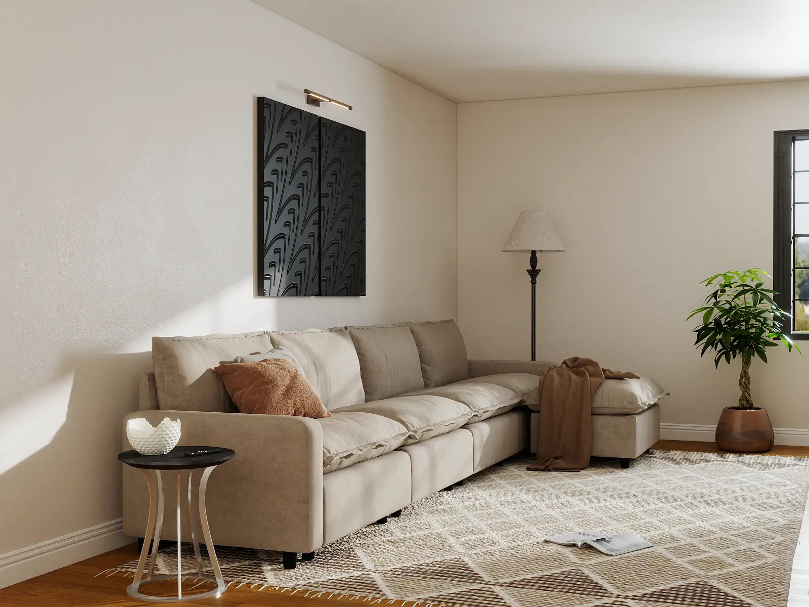 Modular Cero Modular Sectional with Ottoman | 5-Piece Khaki Linen Home Living L-Shaped Sectionals 4-Seater with 1-Ottoman