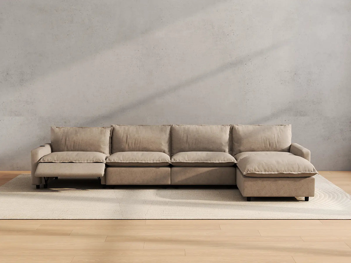Modular Cero Reclining Sectionals | 5-Piece Khaki Linen Home Living L-Shaped Sectionals 4-Seater with 1-Ottoman