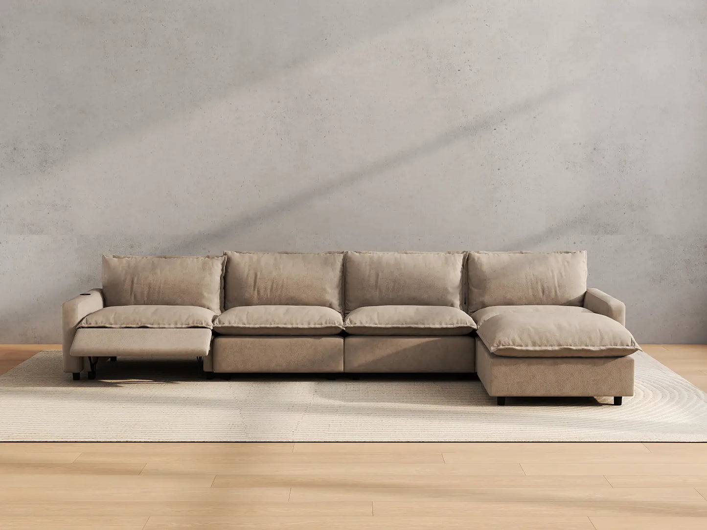 Modular Cero Reclining Sectionals | 5-Piece Khaki Linen Home Living L-Shaped Sectionals 4-Seater with 1-Ottoman