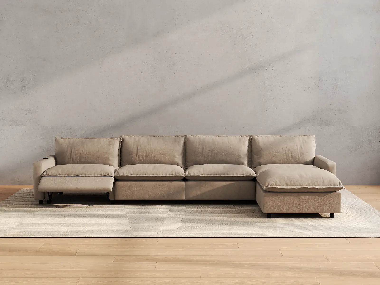 Modular Cero L Shaped Sectional with Recliner | 5-Piece Khaki Linen Home Living L-Shaped Sectionals 4-Seater with 1-Ottoman