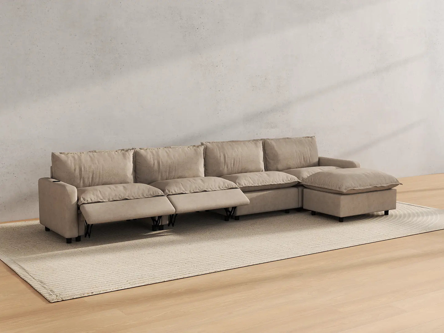Modular Cero Reclining Sectionals | 5-Piece Khaki Linen Home Living L-Shaped Sectionals 4-Seater with 1-Ottoman