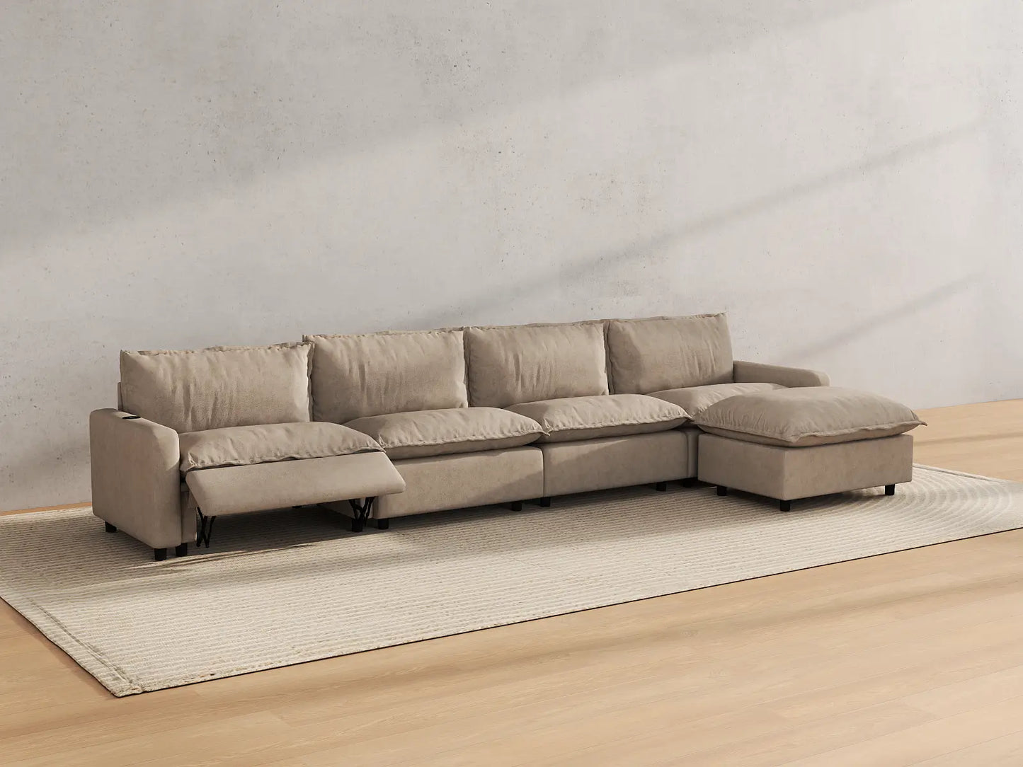 Modular Cero Reclining Sectionals | 5-Piece Khaki Linen Home Living L-Shaped Sectionals 4-Seater with 1-Ottoman