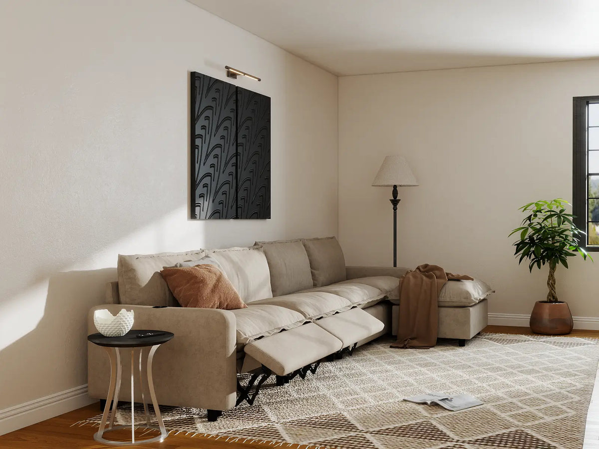 Modular Cero Reclining Sectionals | 5-Piece Khaki Linen Home Living L-Shaped Sectionals 4-Seater with 1-Ottoman