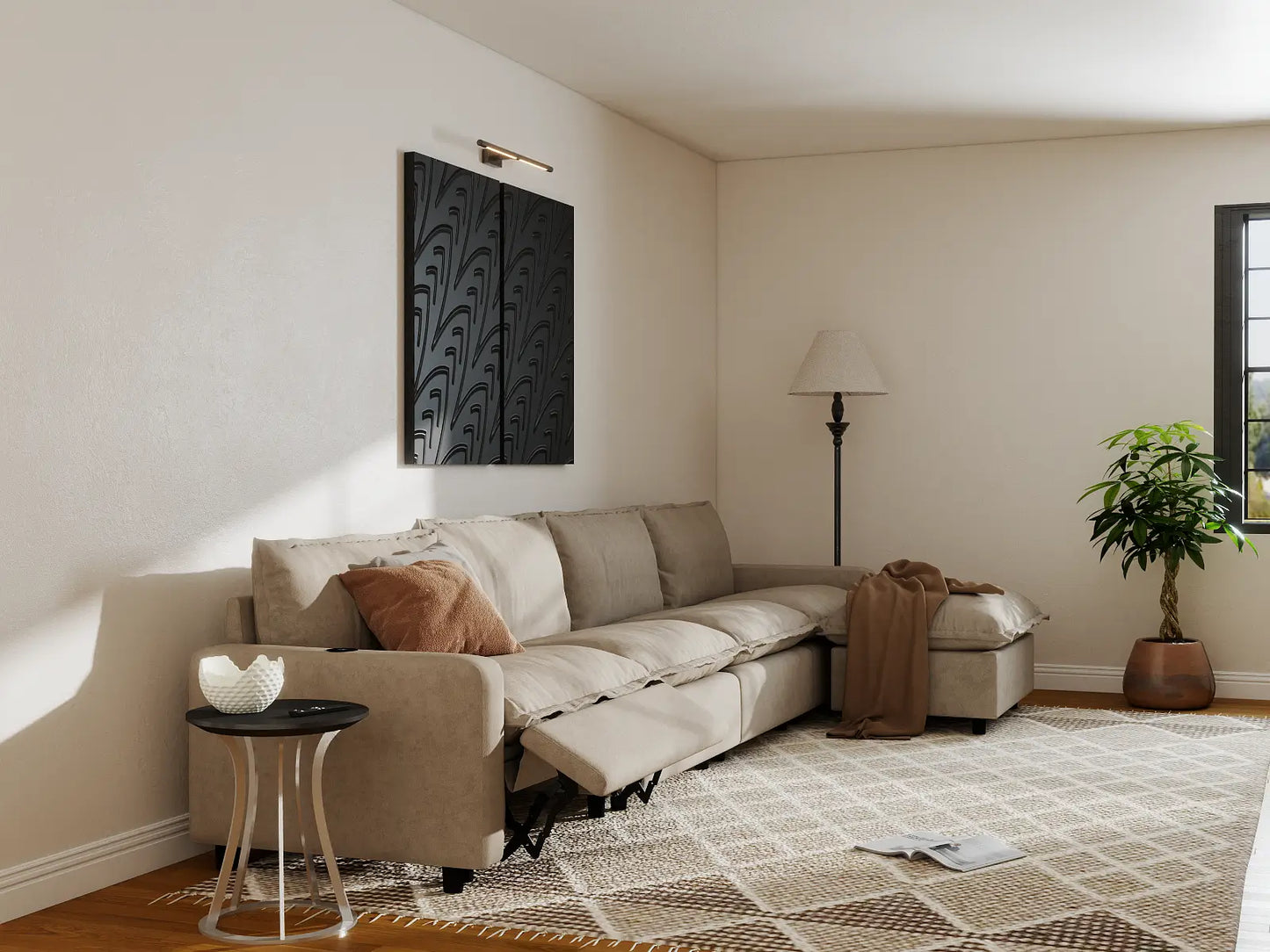 Modular Cero Reclining Sectionals | 5-Piece Khaki Linen Home Living L-Shaped Sectionals 4-Seater with 1-Ottoman