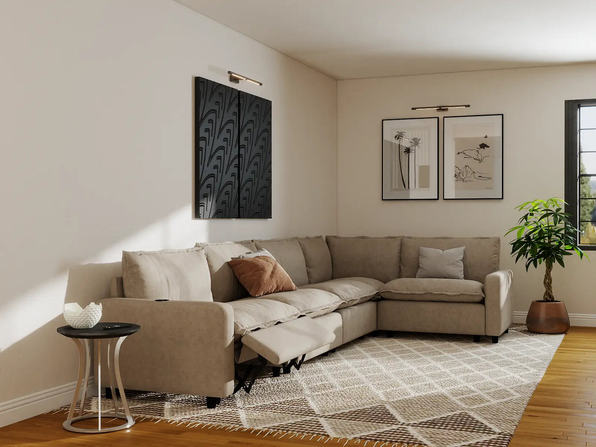 Modular Cero Reclining Sectionals | 5-Piece Khaki Linen Home Living L-Shaped Sectionals 5-Seater