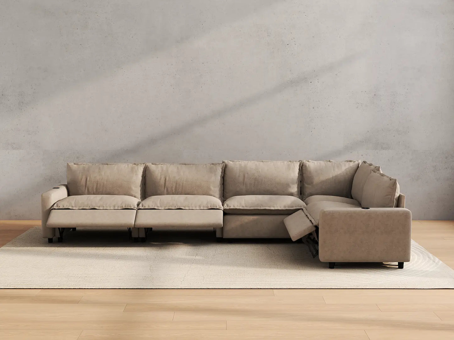 Modular Cero L Shaped Sectional Sofa with Recliner | 5-Piece Khaki Linen Home Living L-Shaped Sectionals 5-Seater