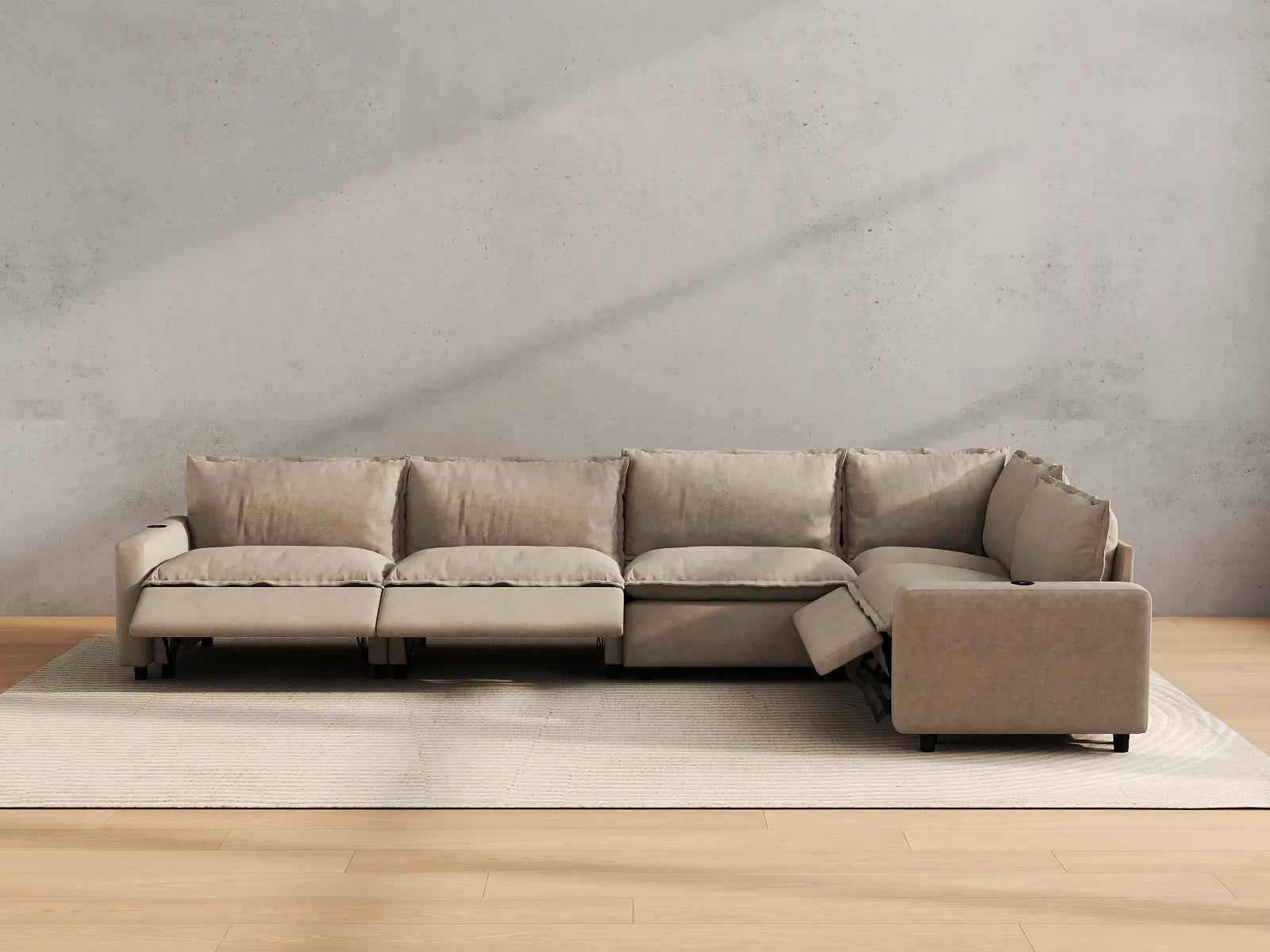 Modular Cero L Shaped Sectional Sofa with Recliner | 5-Piece Khaki Linen Home Living L-Shaped Sectionals 5-Seater