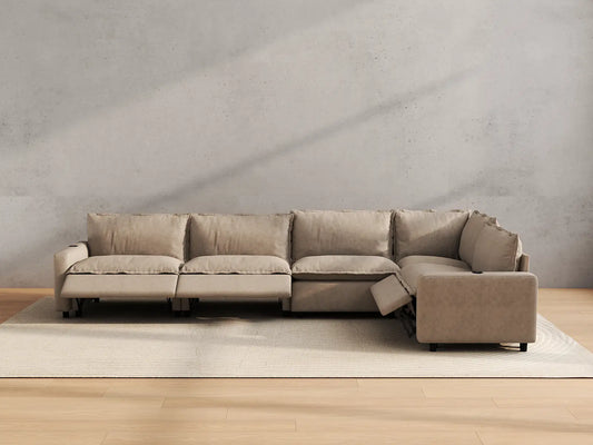Modular Cero Reclining Sectionals | 5-Piece Khaki Linen Home Living L-Shaped Sectionals 5-Seater