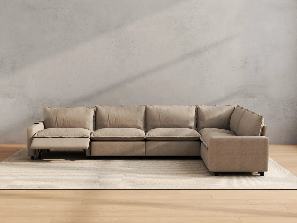Modular Cero Reclining Sectionals | 5-Piece Khaki Linen Home Living L-Shaped Sectionals 5-Seater