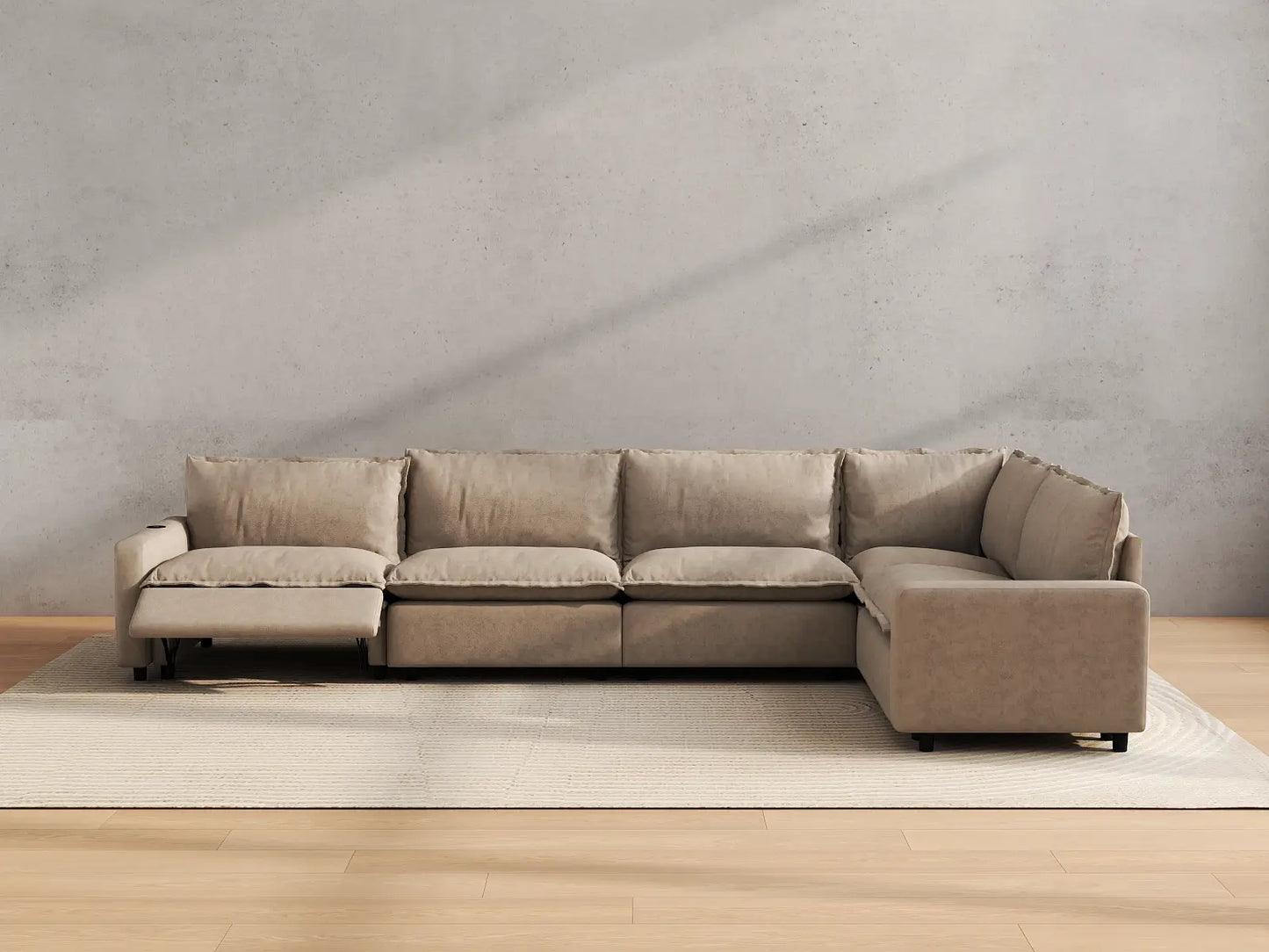 Modular Cero Reclining Sectionals | 5-Piece Khaki Linen Home Living L-Shaped Sectionals 5-Seater