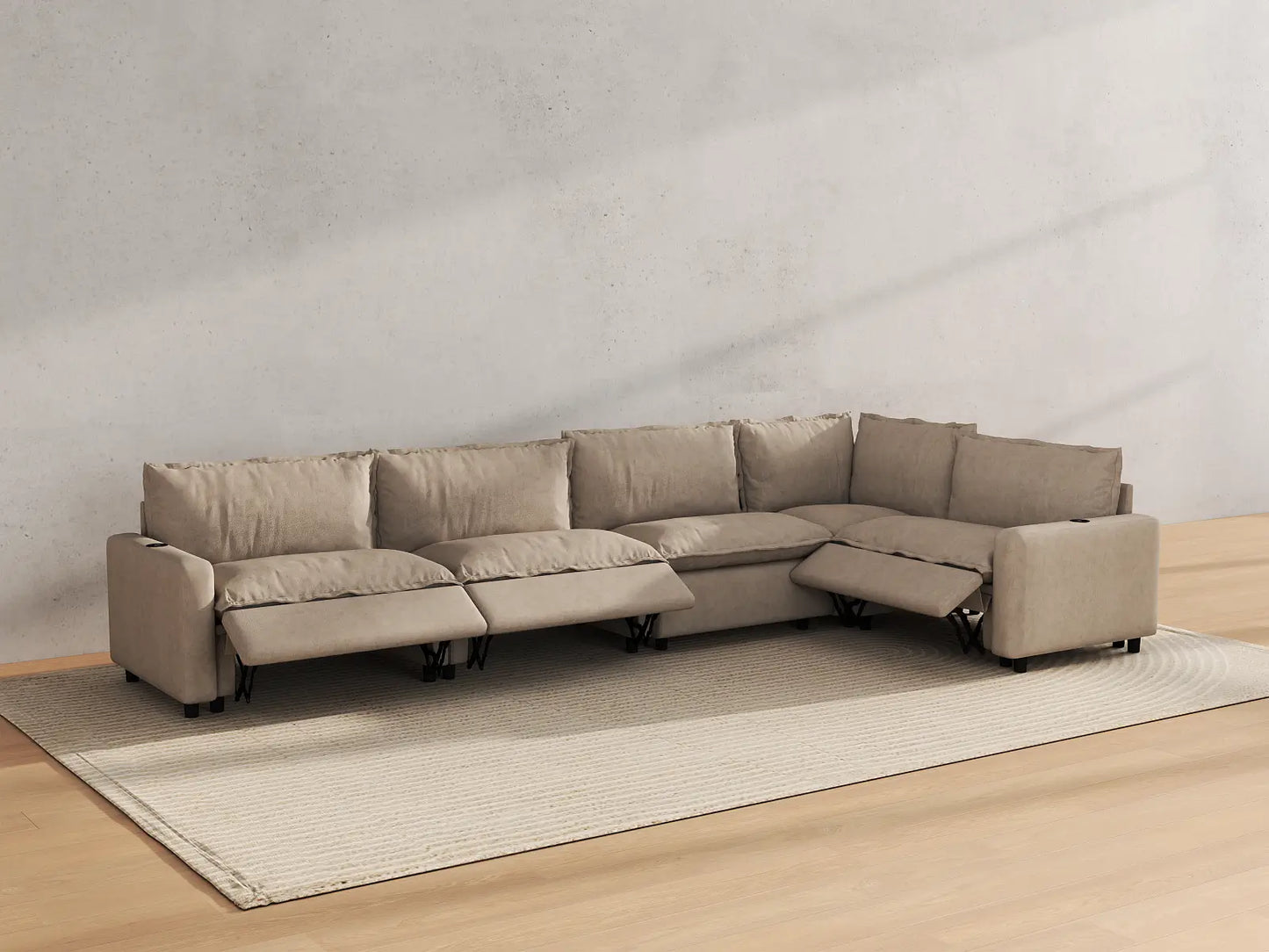 Modular Cero L Shaped Sectional Sofa with Recliner | 5-Piece Khaki Linen Home Living L-Shaped Sectionals 5-Seater