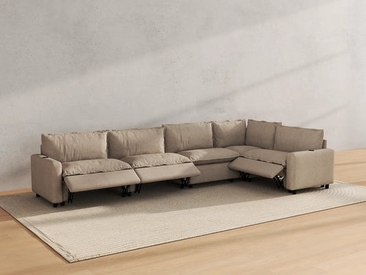Modular Cero Reclining Sectionals | 5-Piece Khaki Linen Home Living L-Shaped Sectionals 5-Seater