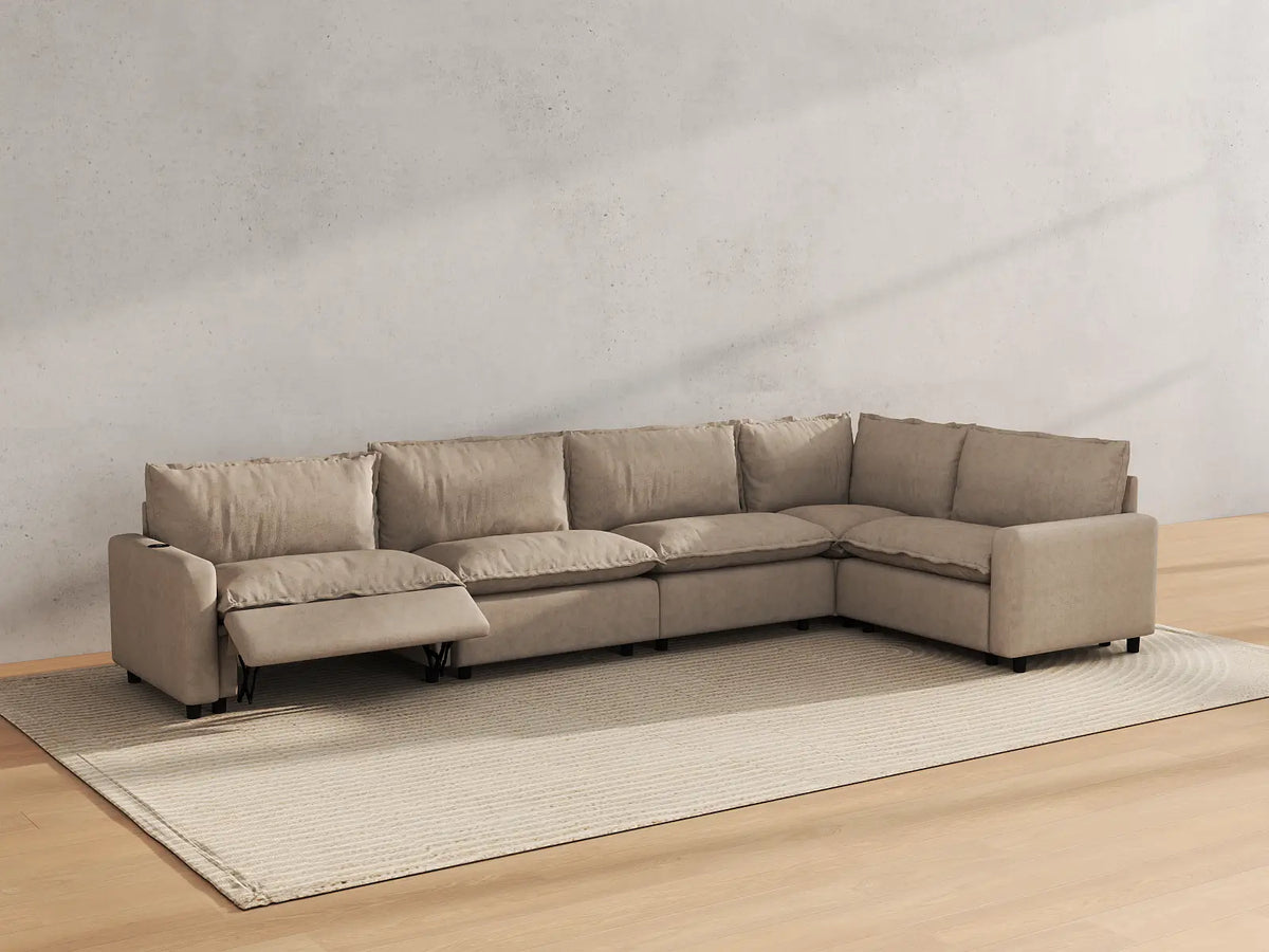 Modular Cero Reclining Sectionals | 5-Piece Khaki Linen Home Living L-Shaped Sectionals 5-Seater
