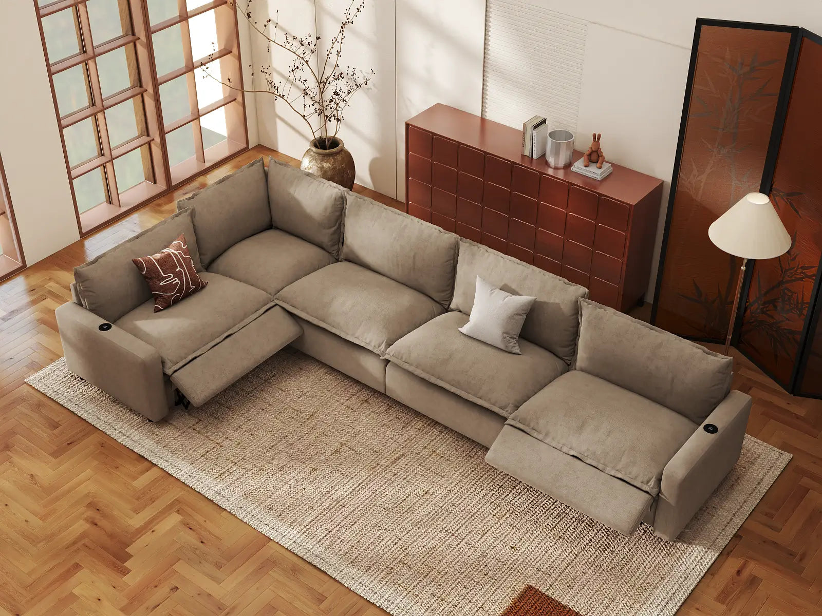 Modular Cero L Shaped Reclining Sectional | 5-Piece Khaki Linen Home Living L-Shaped Sectionals 5-Seater