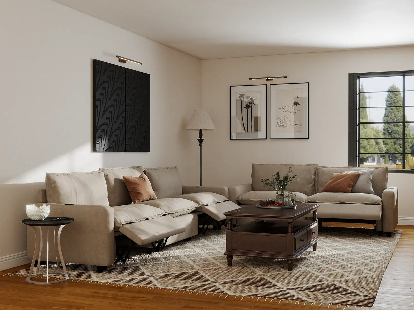 Modular Cero Reclining Sectionals | 5-Piece Khaki Linen Large Space Corner Sectionals 5-Seater