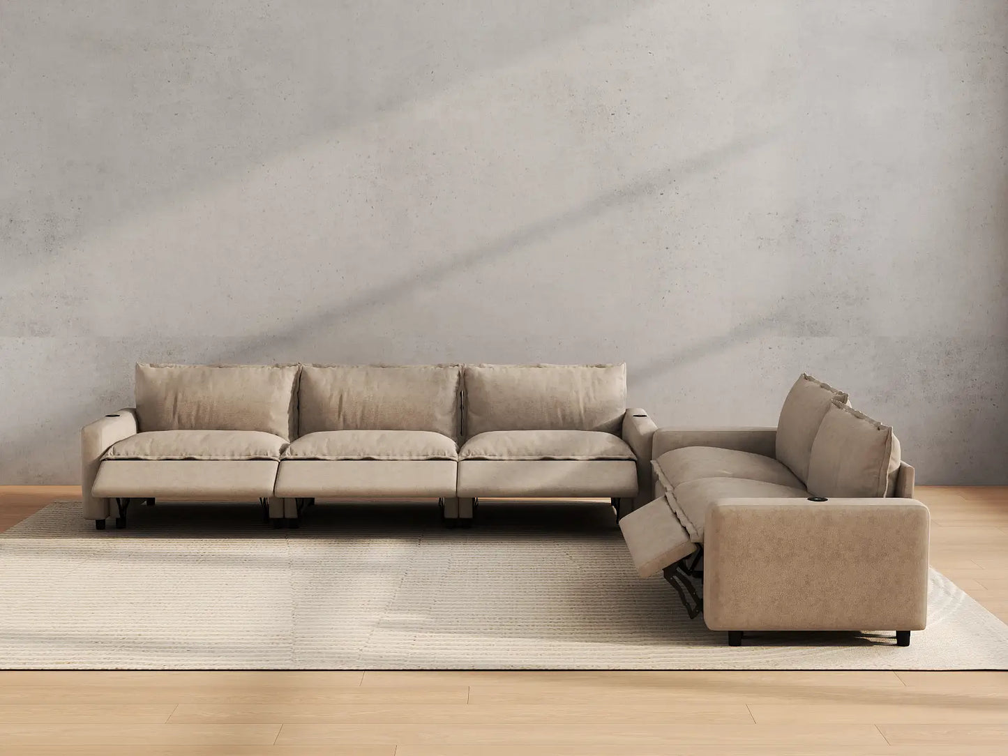 Modular Cero Reclining Sectionals | 5-Piece Khaki Linen Large Space Corner Sectionals 5-Seater