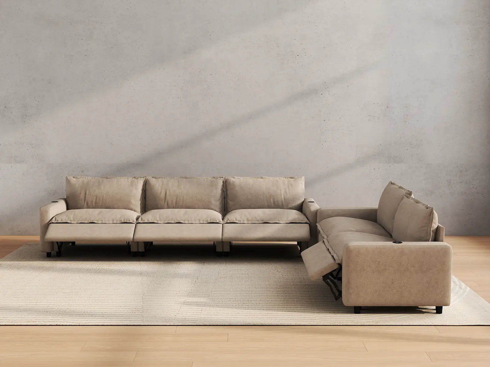 Modular Cero Sectional Sofa with Recliner | 5-Piece Khaki Linen Large Space Corner Sectionals 5-Seater