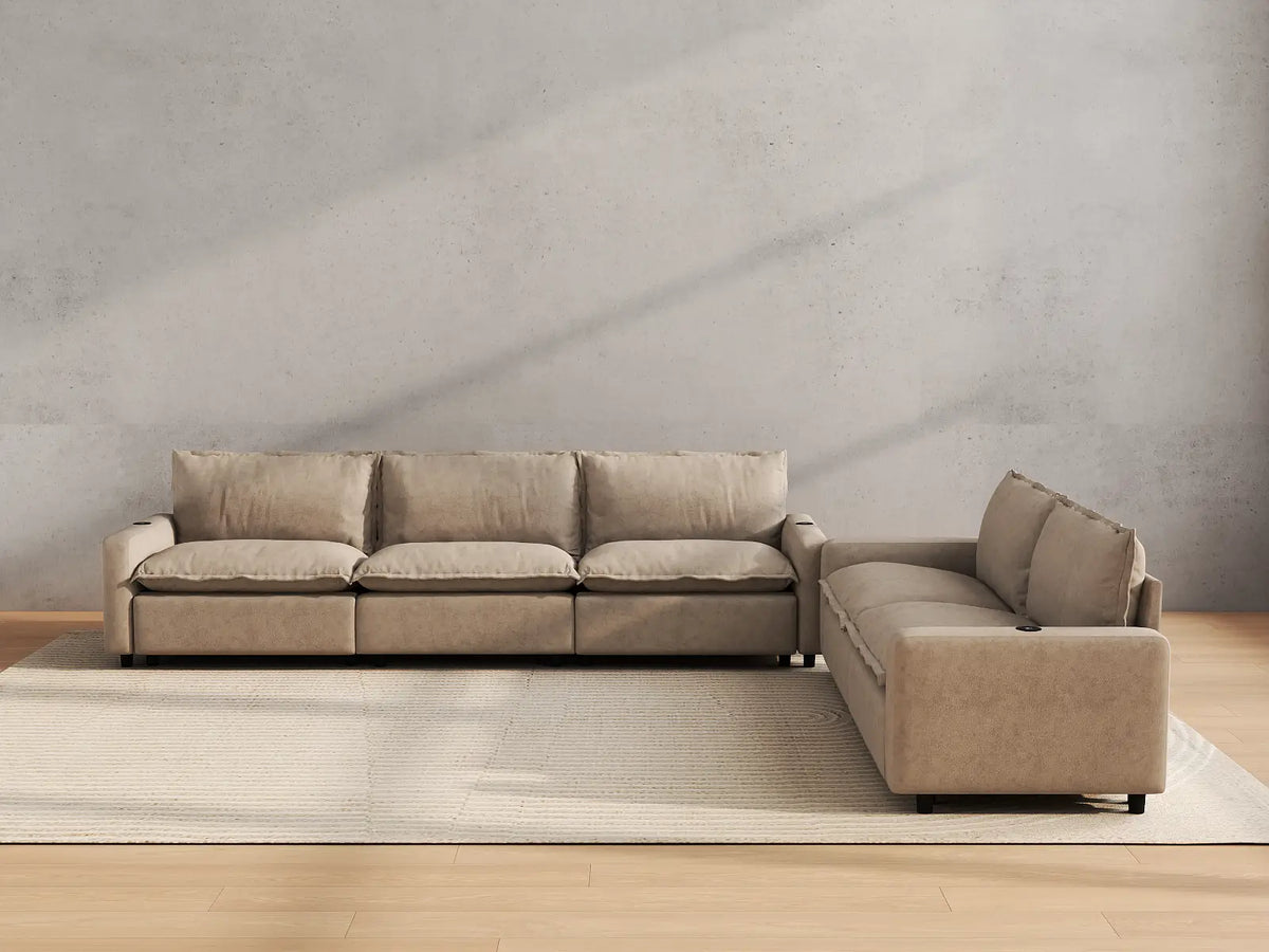 Modular Cero Reclining Sectionals | 5-Piece Khaki Linen Large Space Corner Sectionals 5-Seater
