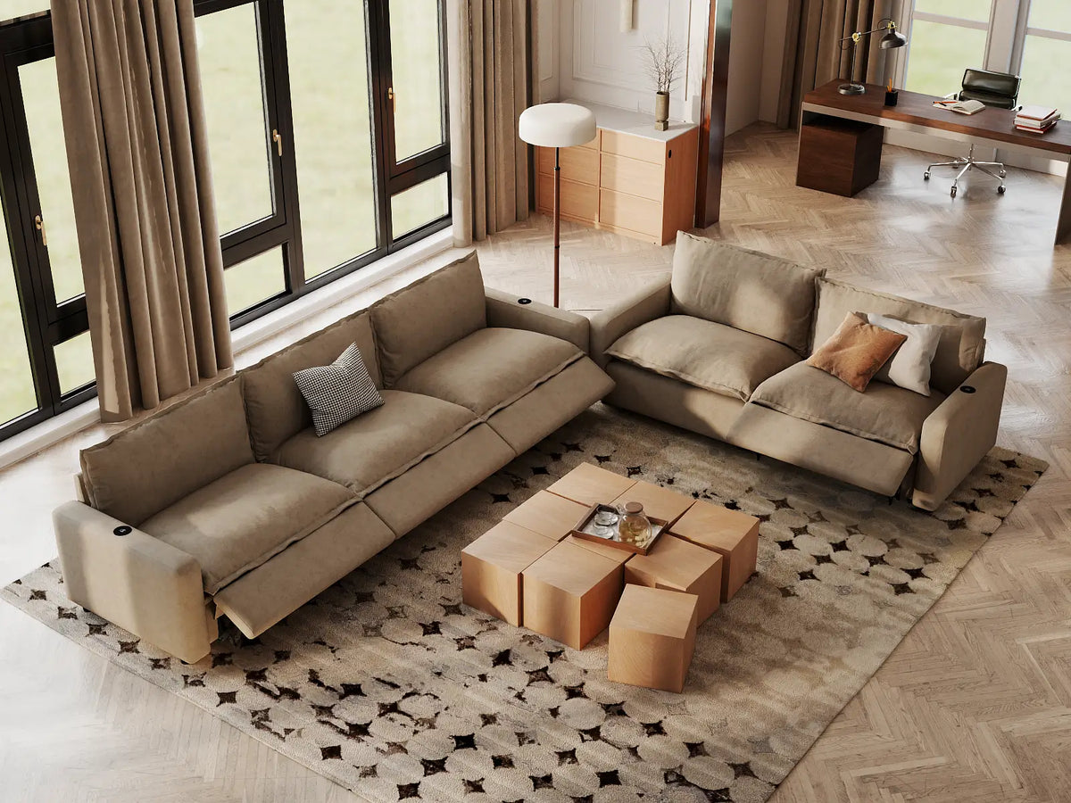 Modular Cero Reclining Sectionals | 5-Piece Khaki Linen Large Space Corner Sectionals 5-Seater