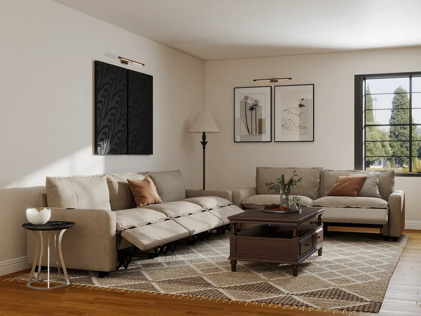 Modular Cero Reclining Sectionals | 5-Piece Khaki Linen Large Space Corner Sectionals 5-Seater