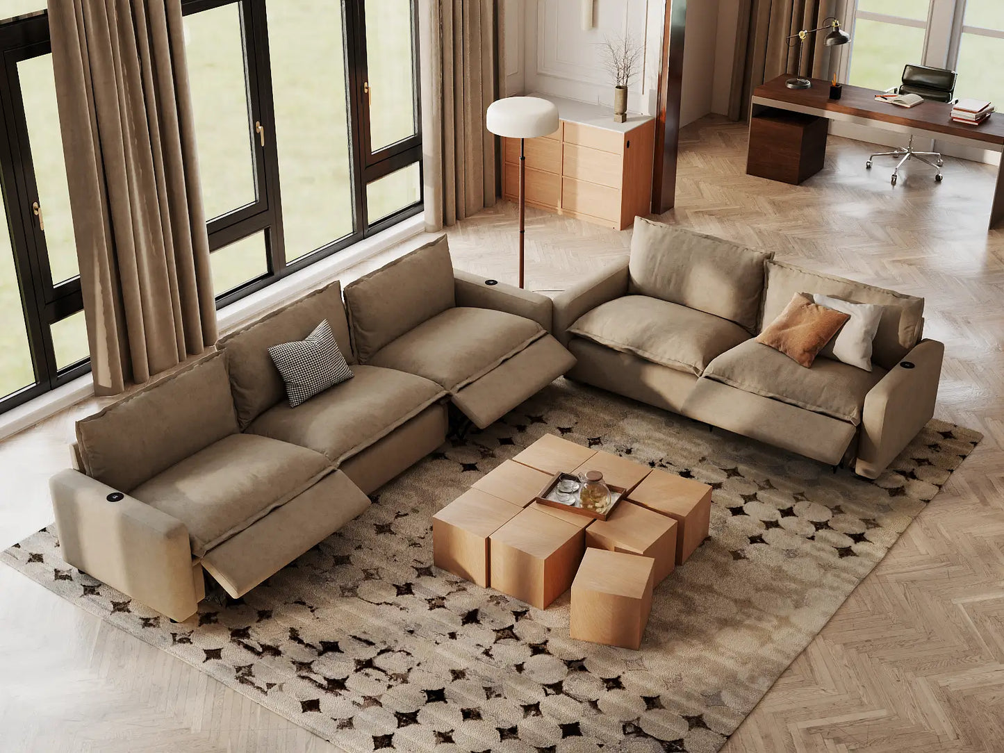 Modular Cero Reclining Sectionals | 5-Piece Khaki Linen Large Space Corner Sectionals 5-Seater
