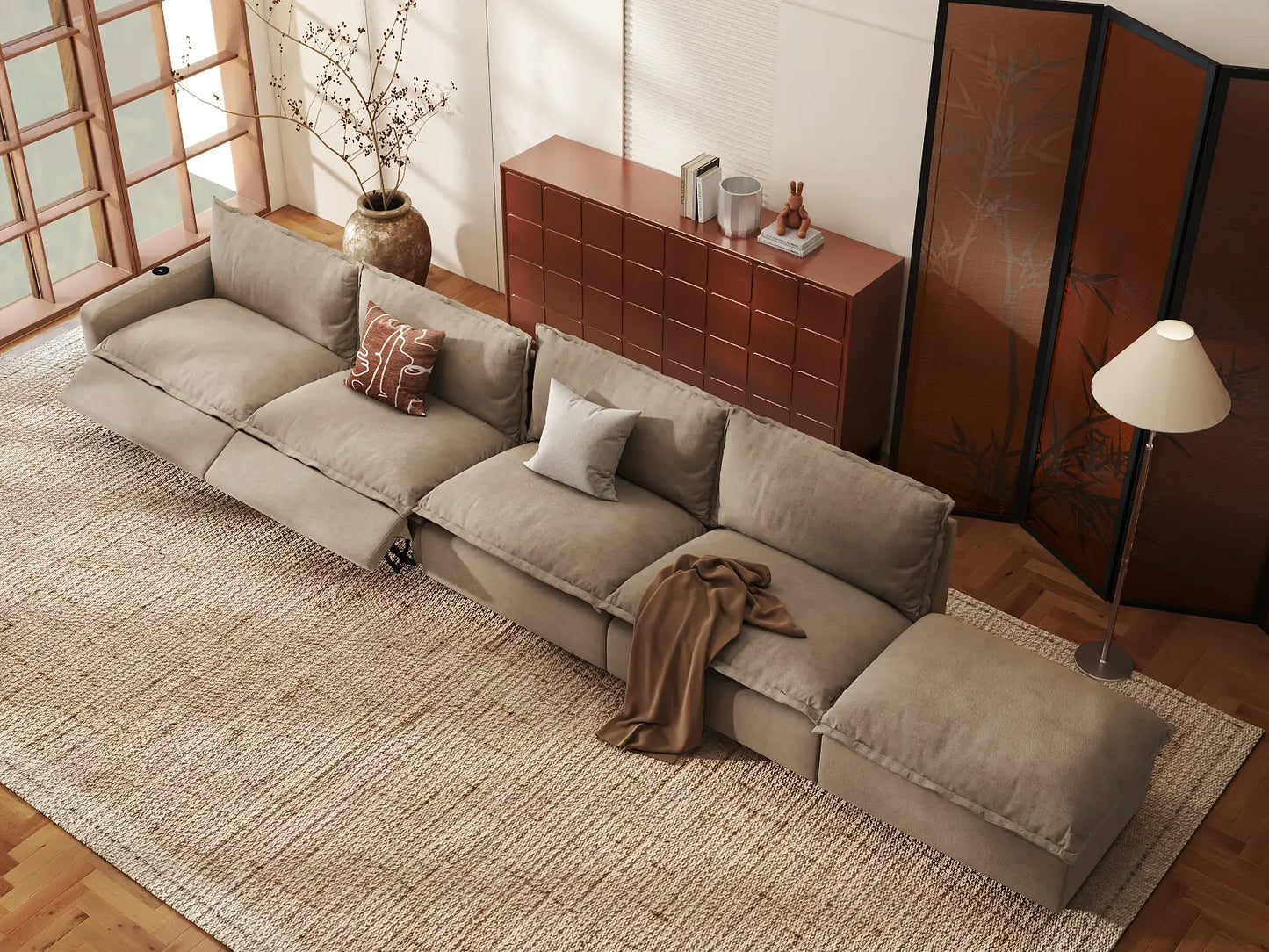 Modular Cero Reclining Sectional with Chaise | 5-Piece Khaki Linen Large Space Couch Sectionals 4-Seater with 1-Ottoman