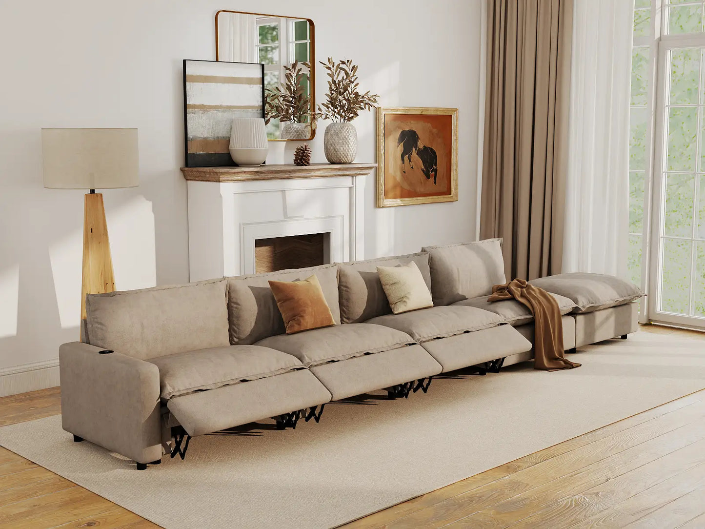 Modular Cero Reclining Sectionals | 5-Piece Khaki Linen Large Space Couch Sectionals 4-Seater with 1-Ottoman