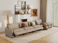 Modular Cero Reclining Sectionals | 5-Piece Khaki Linen Large Space Couch Sectionals 4-Seater with 1-Ottoman