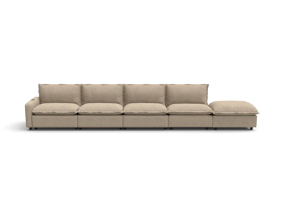 Modular Cero Reclining Sectionals | 5-Piece Khaki Linen Large Space Couch Sectionals 4-Seater with 1-Ottoman