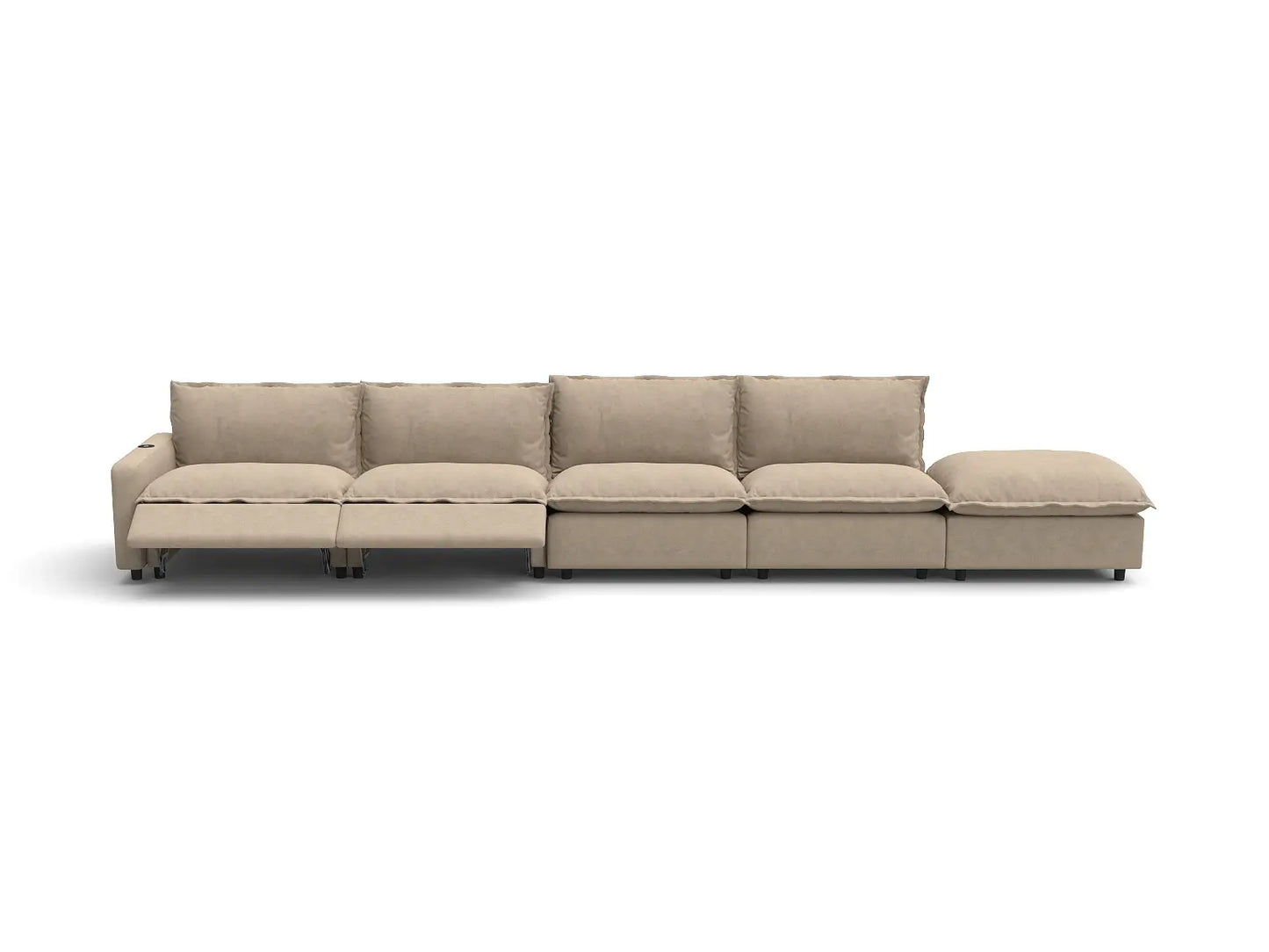 Modular Cero Reclining Sectional with Chaise | 5-Piece Khaki Linen Large Space Couch Sectionals 4-Seater with 1-Ottoman