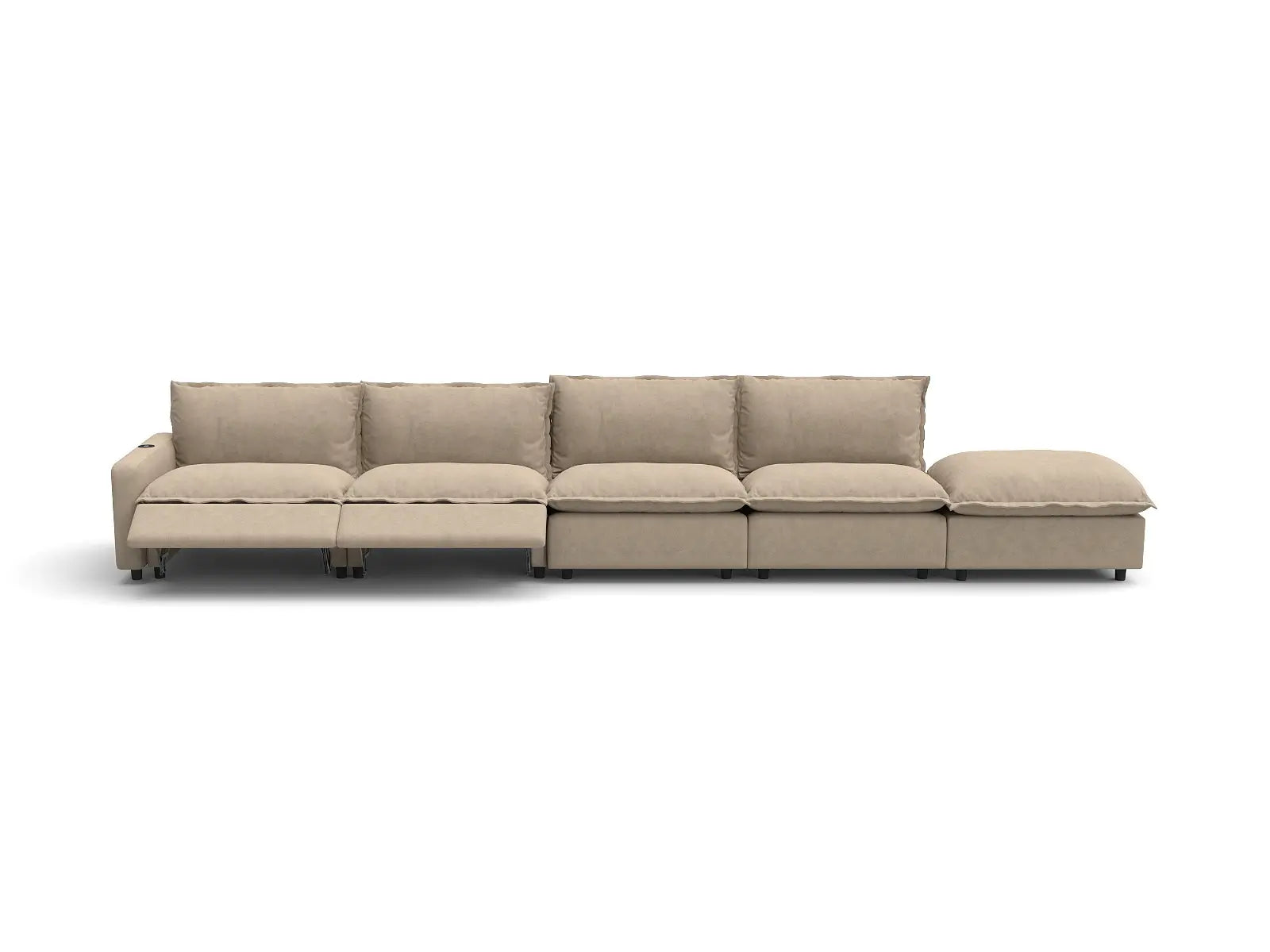 Modular Cero Reclining Sectional with Chaise | 5-Piece Khaki Linen Large Space Couch Sectionals 4-Seater with 1-Ottoman