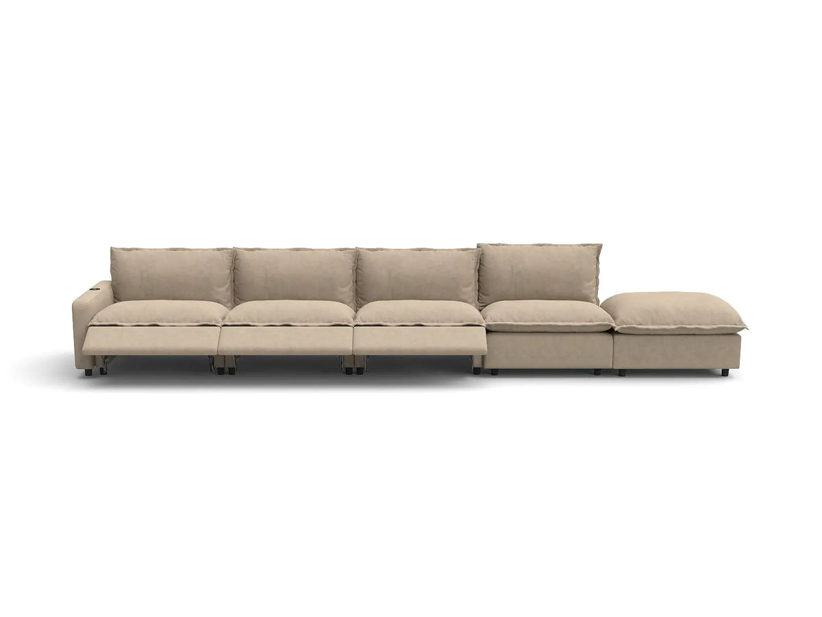 Modular Cero Reclining Sectionals | 5-Piece Khaki Linen Large Space Couch Sectionals 4-Seater with 1-Ottoman