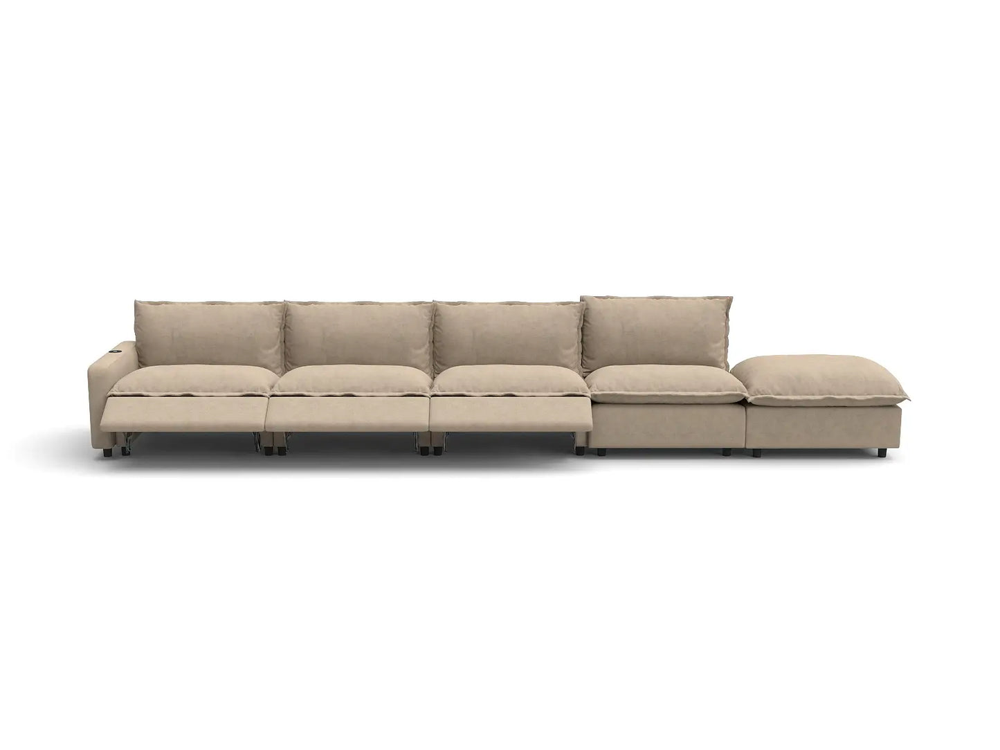 Modular Cero Reclining Sectionals | 5-Piece Khaki Linen Large Space Couch Sectionals 4-Seater with 1-Ottoman
