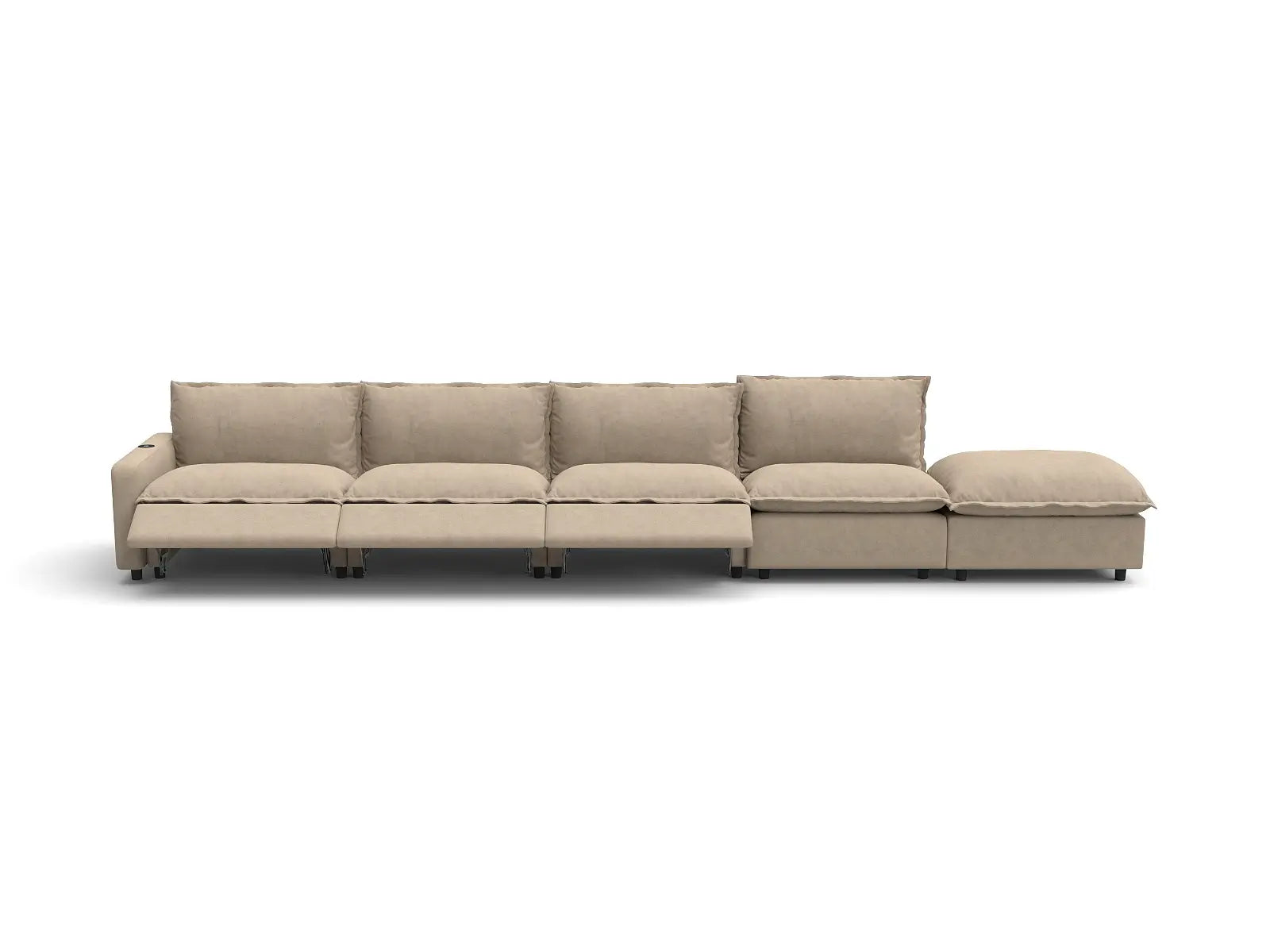 Modular Cero Sectional with Recliner and Chaise | 5-Piece Khaki Linen Large Space Couch Sectionals 4-Seater with 1-Ottoman