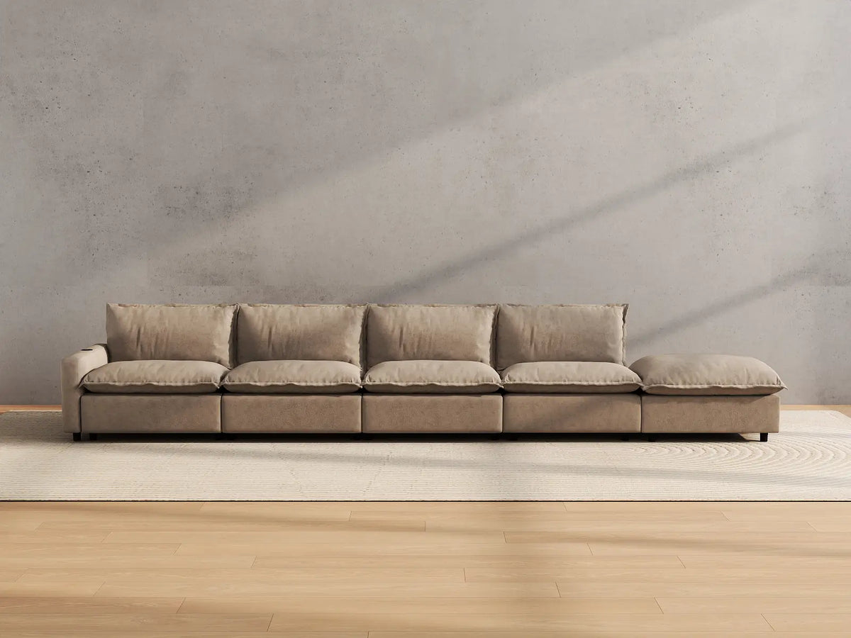 Modular Cero Reclining Sectionals | 5-Piece Khaki Linen Large Space Couch Sectionals 4-Seater with 1-Ottoman