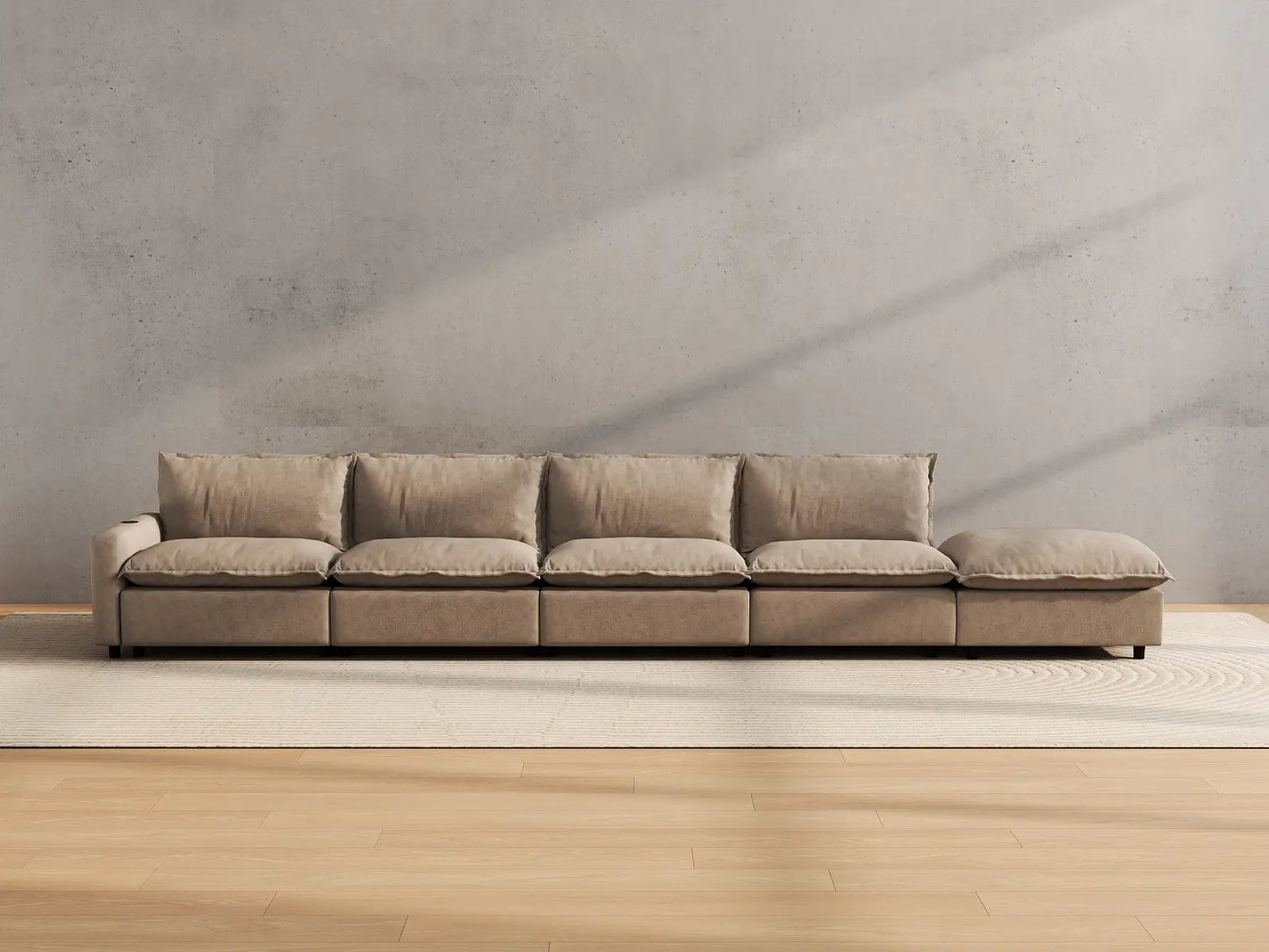 Modular Cero Reclining Sectionals | 5-Piece Khaki Linen Large Space Couch Sectionals 4-Seater with 1-Ottoman