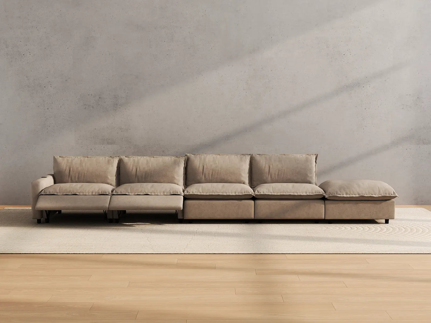 Modular Cero Reclining Sectional with Chaise | 5-Piece Khaki Linen Large Space Couch Sectionals 4-Seater with 1-Ottoman